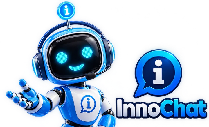 Inno, o robô mascote do InnoChat, de fone de ouvido, com a mão estendida como quem apresenta o sistema, ao lado do logotipo InnoChat