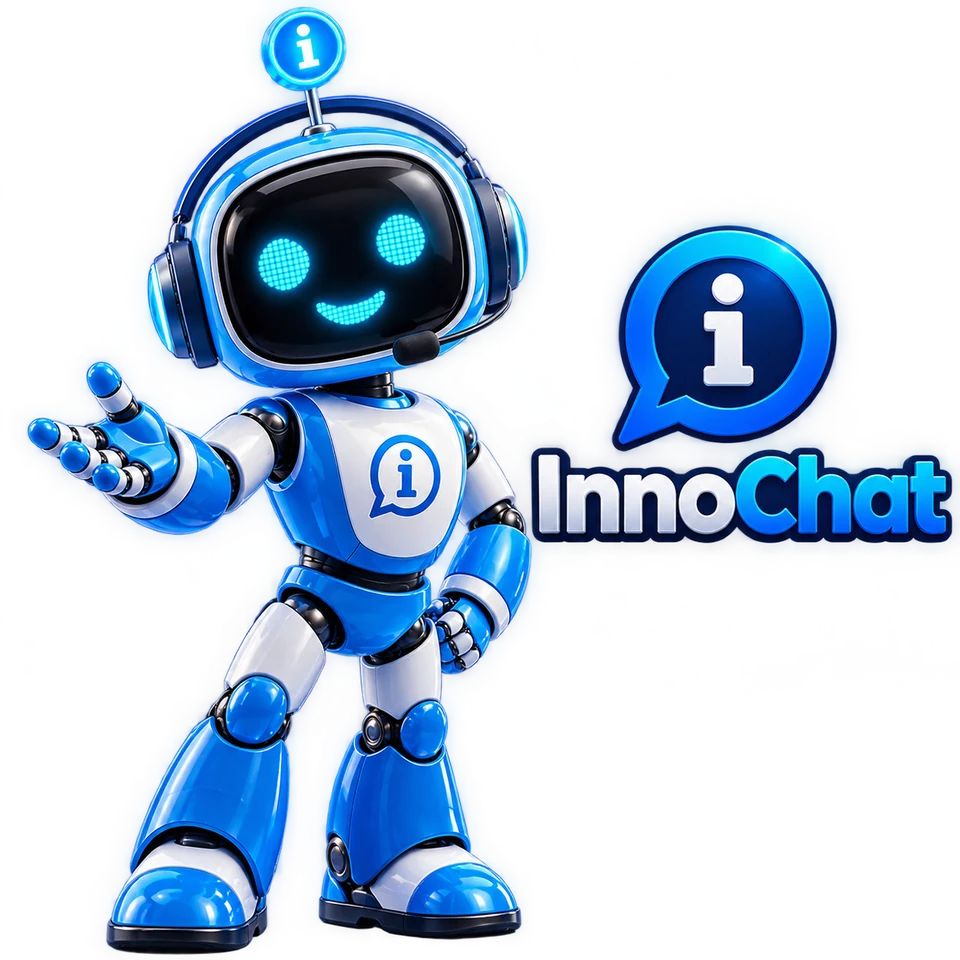 Inno, o robô mascote do InnoChat, de fone de ouvido, com a mão estendida como quem apresenta o sistema, ao lado do logotipo InnoChat